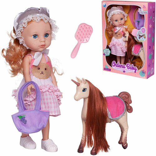 s s toys пупс 40 см в бело розовом комбинезоне с аксессуарами 3777 200541779 sr102 с 3 лет Кукла Ardana Baby блондинка в бело-розовом платье с единорогом, 32,5 см, с аксессуарами, в коробке - Junfa Toys [WJ-19260/3]