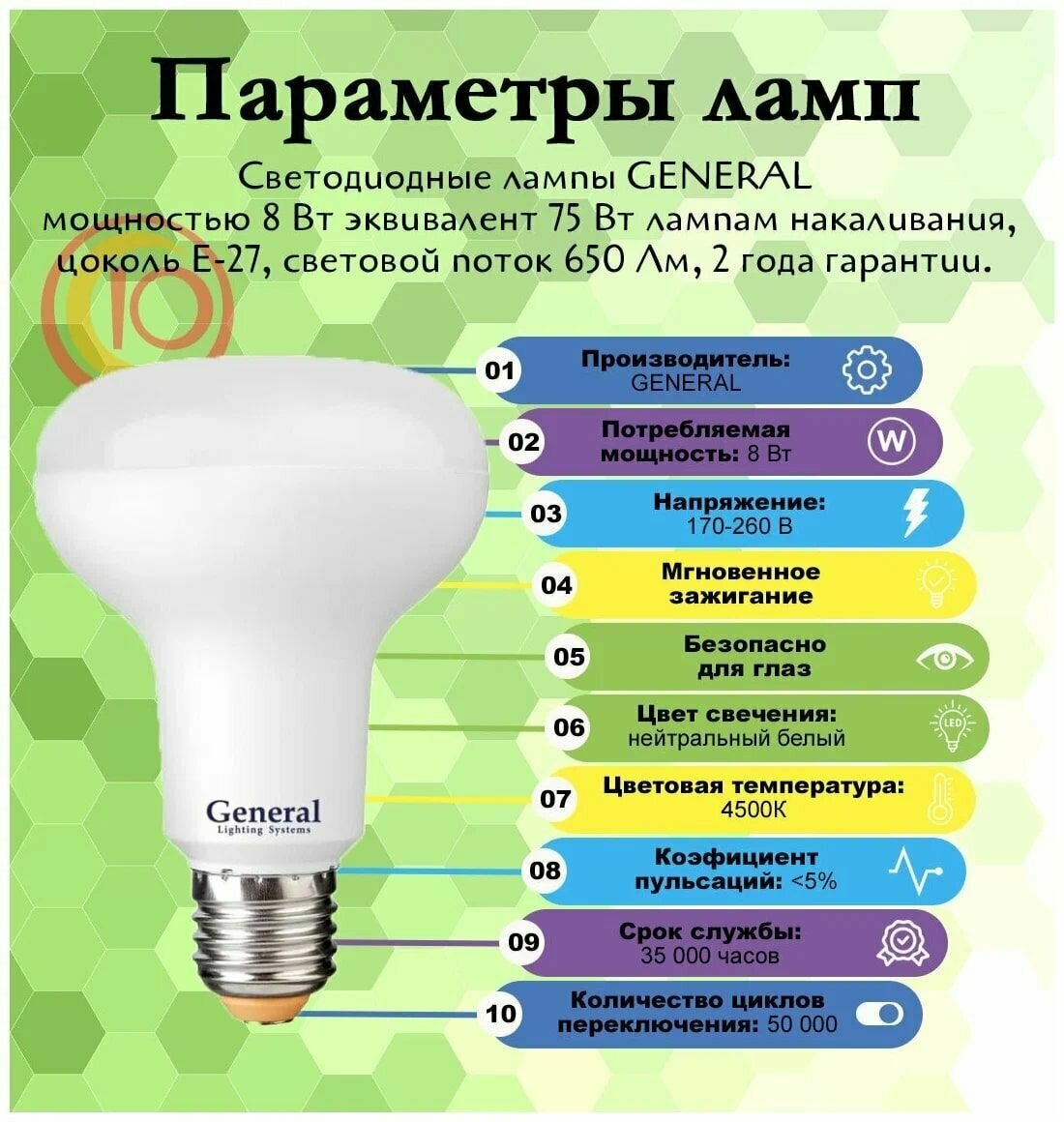 Лампа светодиодная General GLDEN R80 10вт E27 4500 K 5 штук