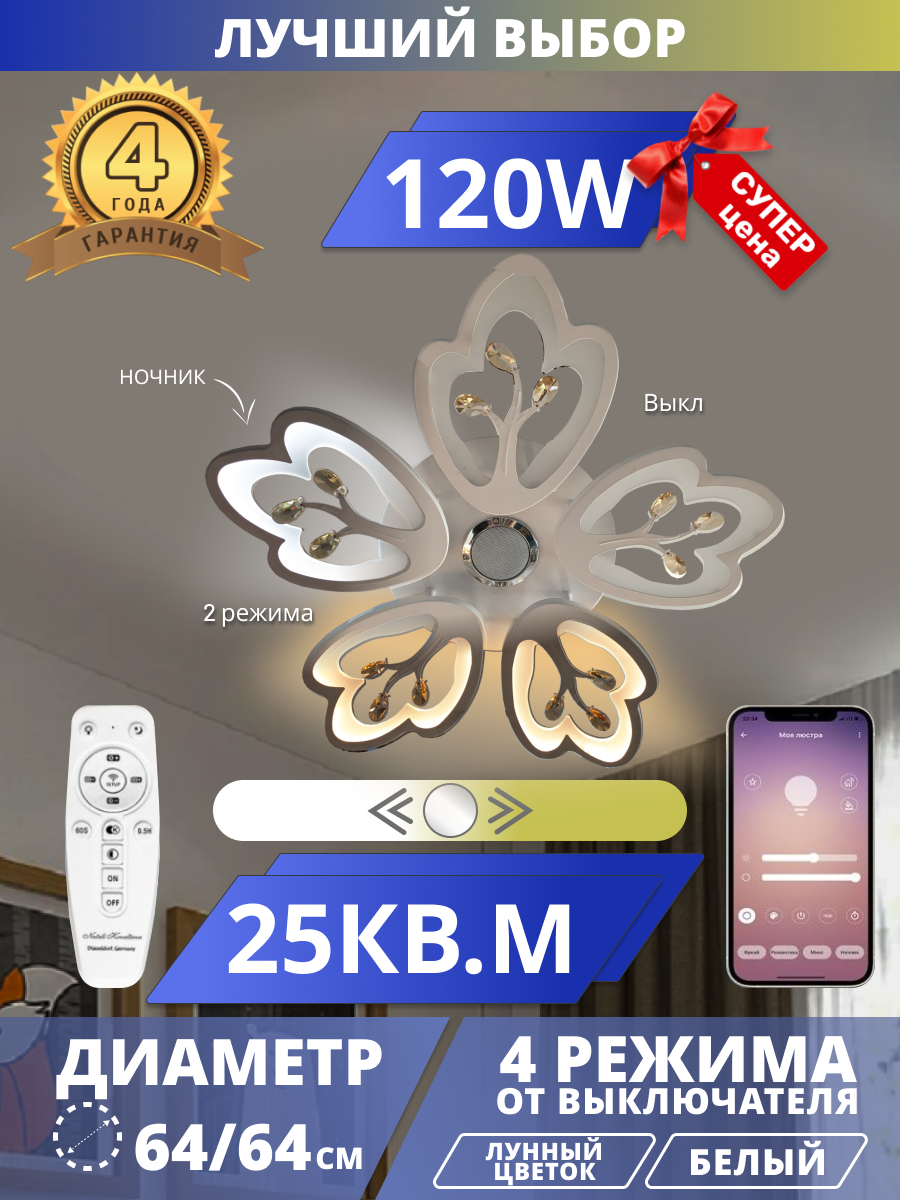 фото Светодиодная люстра Лотус с музыкальной колонкой, LED120W. Ромашка. Управление со смартфона и пульта