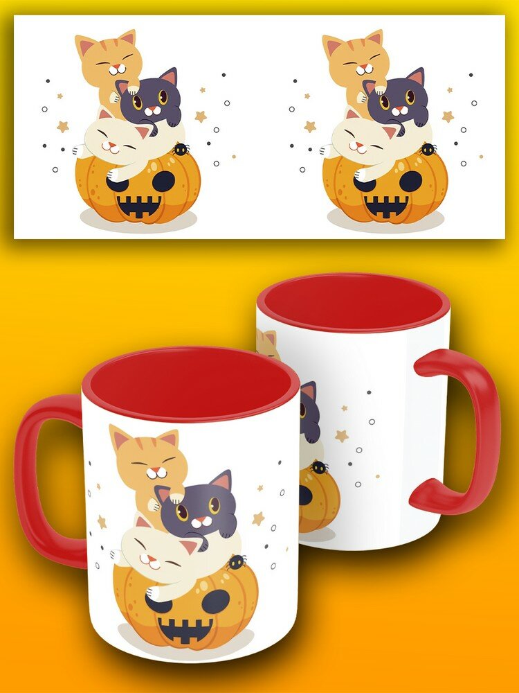 Кружка красная осень хэллоуин (тыква, котик, милота) - 17601