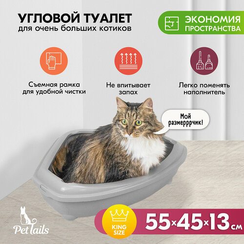 Туалет для кошек угловой с рамкой PetTails, глубокий (под наполнитель) 55*45*13см (полипропилен), светло-серый
