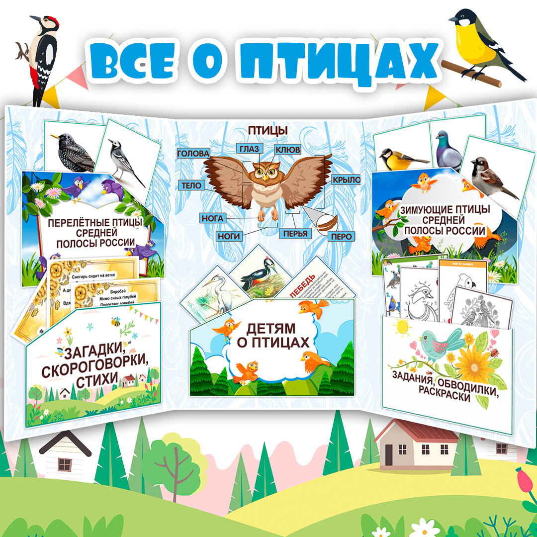 Лэпбук «Всё о птицах» — 47 листов PDF с заданиями и карточками для детей 4–8 лет: перелётные птицы, строение, повадки