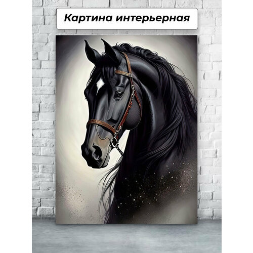Картины для интерьера 50х70 Лошадь черная звезда на лбу конь темный фон Gold Art Print