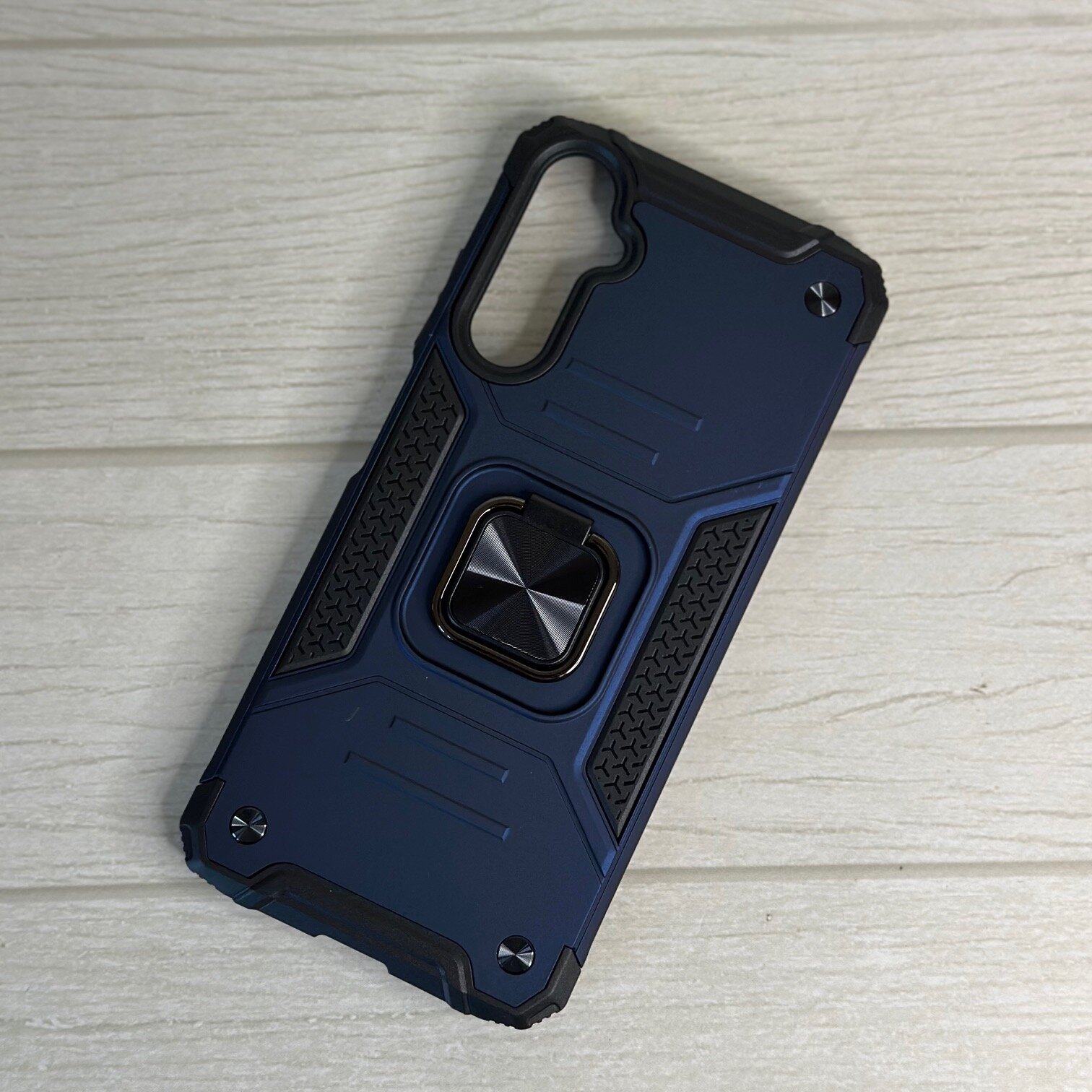 Противоударный чехол для Samsung Galaxy A05s синий с пластиной для магнитного автодержателя и кольцом подставкой — фото 1