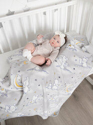 Плед плюшевый 75х100 см для новорожденных в кроватку, коляску "Лунный зайчик", серый