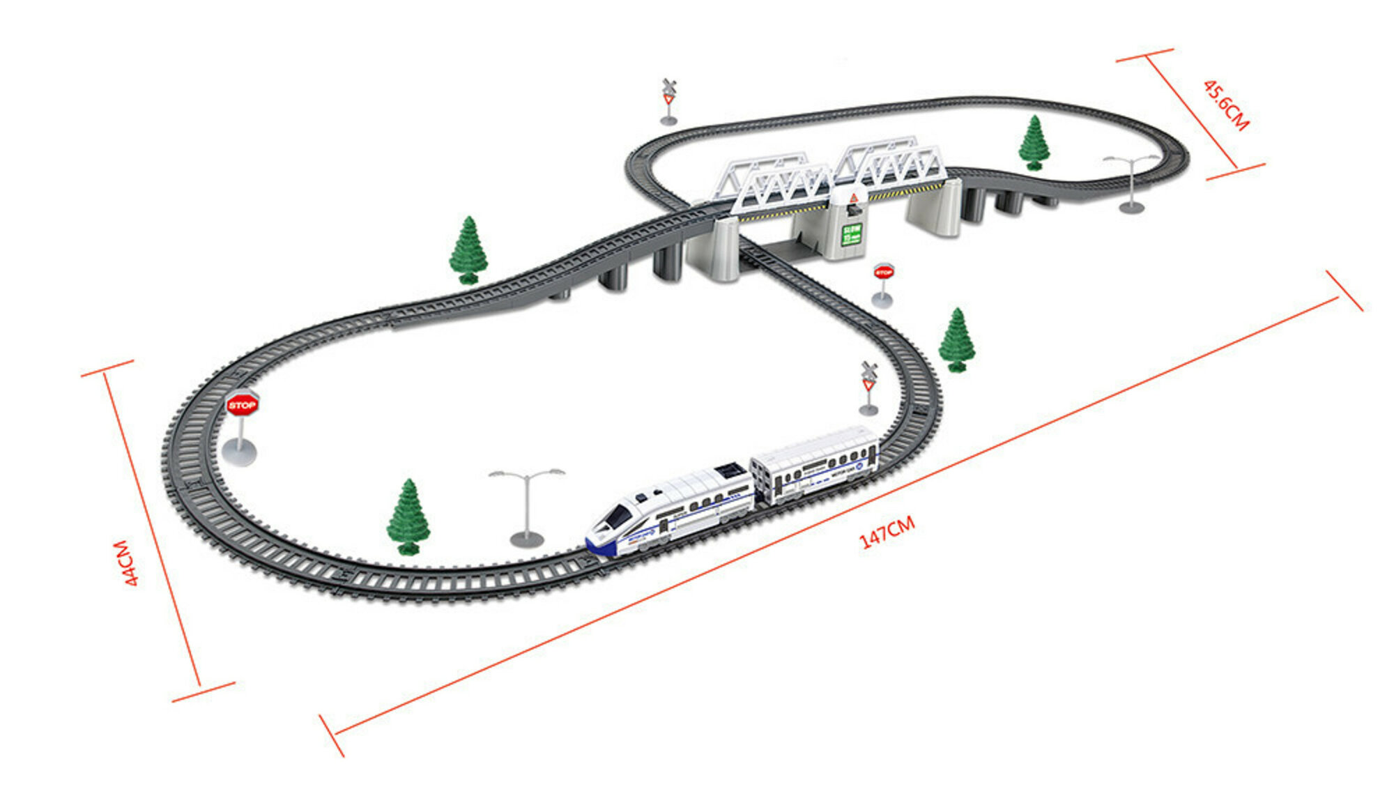 Железная дорога детская со скоростным электропоездом и мостом, 2 состава, 366 см длина трассы, с подсветкой - BSQ-2184