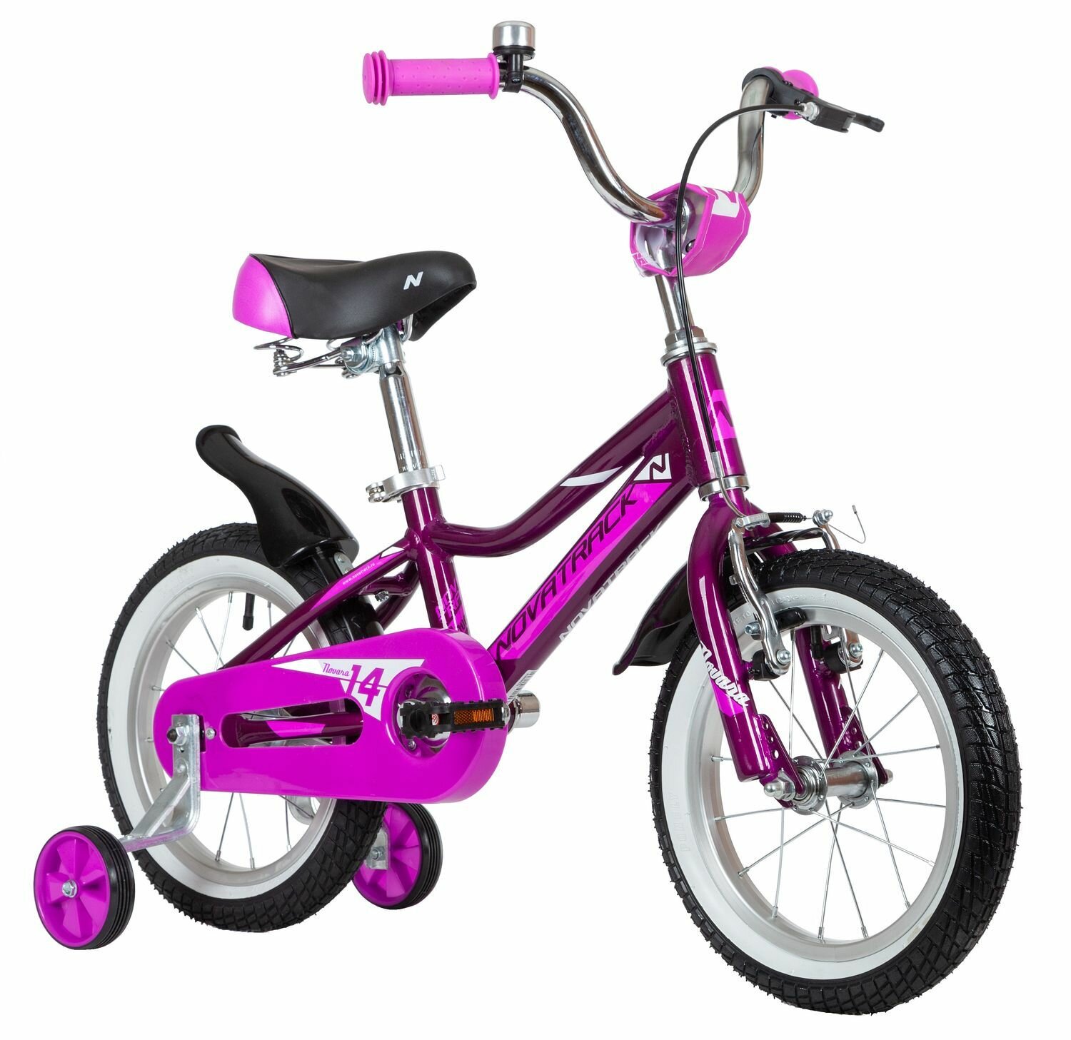 Велосипед детский NOVATRACK 14" NOVARA алюм, фиолетовый, пер. руч, зад. нож. тормоз, короткие крылья
