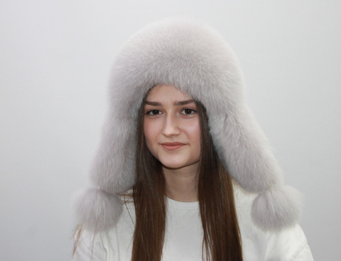 Шапка-ушанка Мария из меха песца для женщин, размер 57, нежно-голубой
