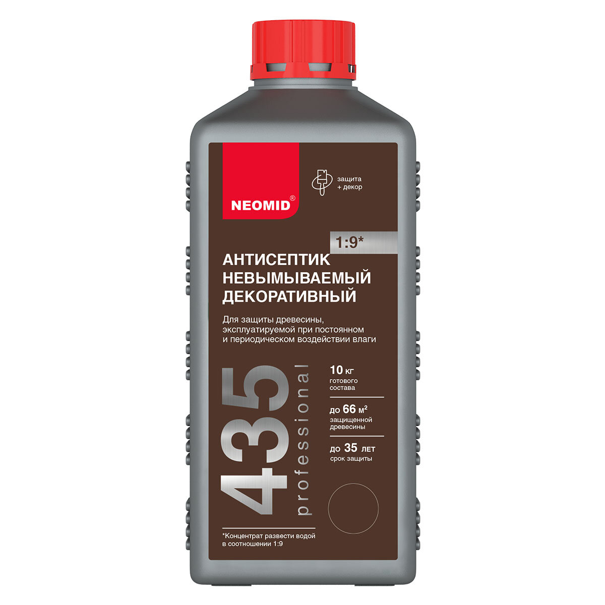 фото NEOMID 435 антисептик невымываемый декоративный, защита до 35 лет, концентрат 1:9, орех (1л)