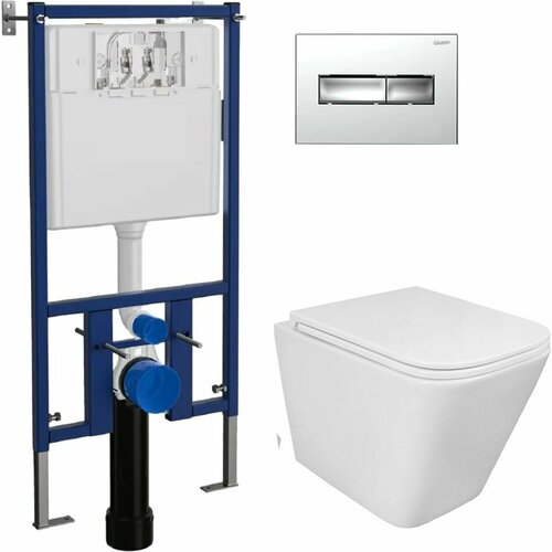 Инсталляция с подвесным унитазом Loranto + Azuma PRO-02 безободковый, с сиденьем микролифт + кнопка Line хром глянцевый