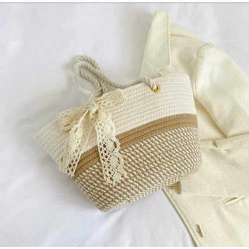 Сумка пляжная , фактура плетеная, коричневый, белый