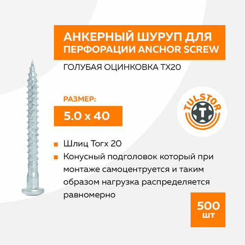 Саморез для перфорированного крепежа 5,0х40 Anchor screw голубая оцинковка TX20 уп. 500шт.