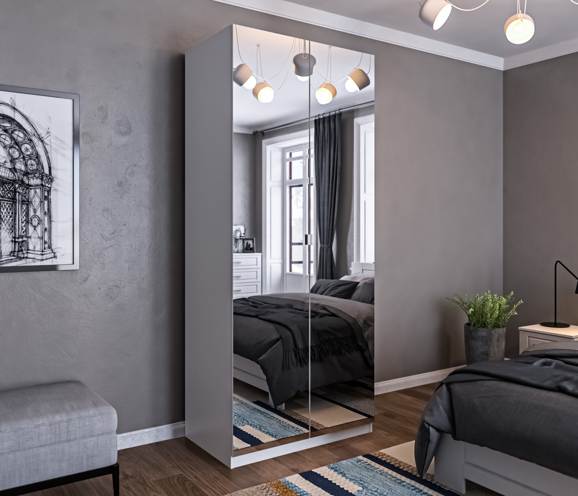 фото Двухдверный шкаф столплит Макс, с зеркалом, с 2 полками, ЛДСП, Белый, 100х60х235 см