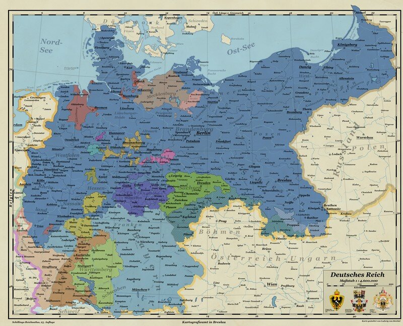 Административная карта Германии 1871 год, на немецком языке, 123*100 см