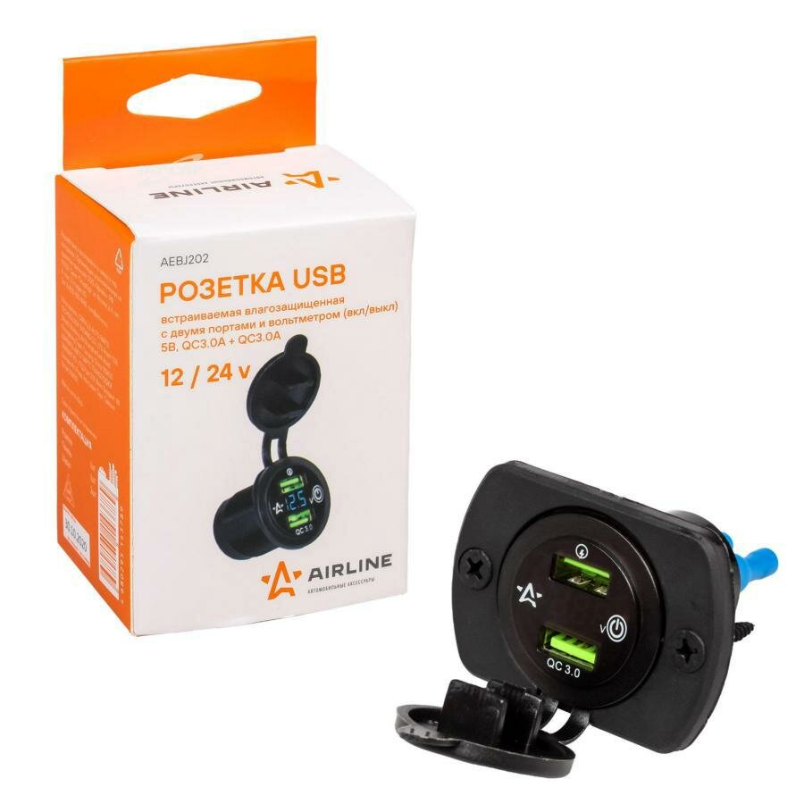 Розетка USB встраиваемая влагозащ. с 2 портами и вольтметр. (вкл/выкл) (5В, QC3.0+QC3.0) AIRLINE - фото №1