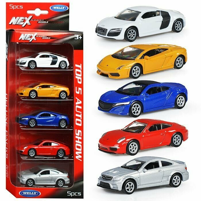 Набор машин WELLY 1:60, Lambo Gallardo, Porsche 911, Audi R8, Merc C63, Honda NSX, 5 шт.