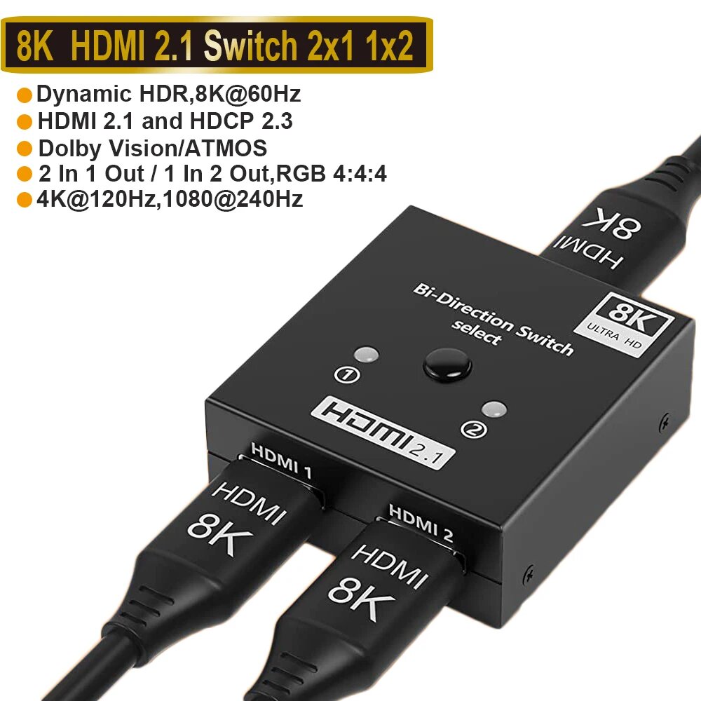Переключатель Navceker 8K 60 Гц HDMI 2 порта 4K 120 Гц HD двунаправленный переключатель ZY-8AB-1 8K HDMI switch