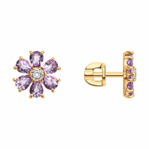 фото Серьги пусеты diamant online, красное золото, 585 проба, аметист, фианит, , фиолетовый