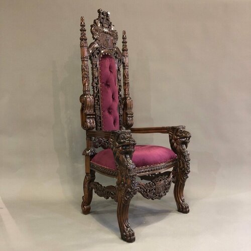фото Кресло трон "лев" domkorleone из красного дерева (mahogany wood) с текстильной обивкой, цвет орех antique sou dark дом корлеоне