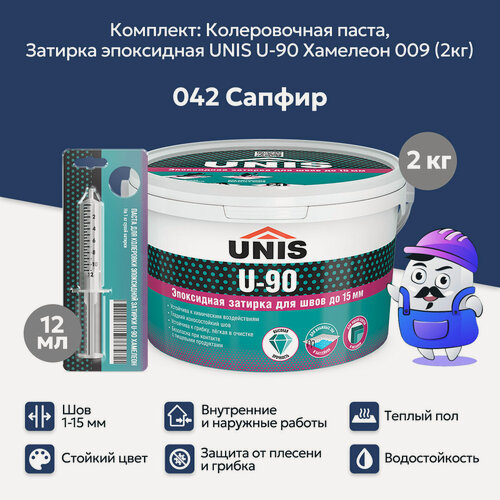 Изображение товара Набор Затирка эпоксидная UNIS U-90 Хамелеон 009 (2кг) + кол. паста UNIS U-90 042 сапфир