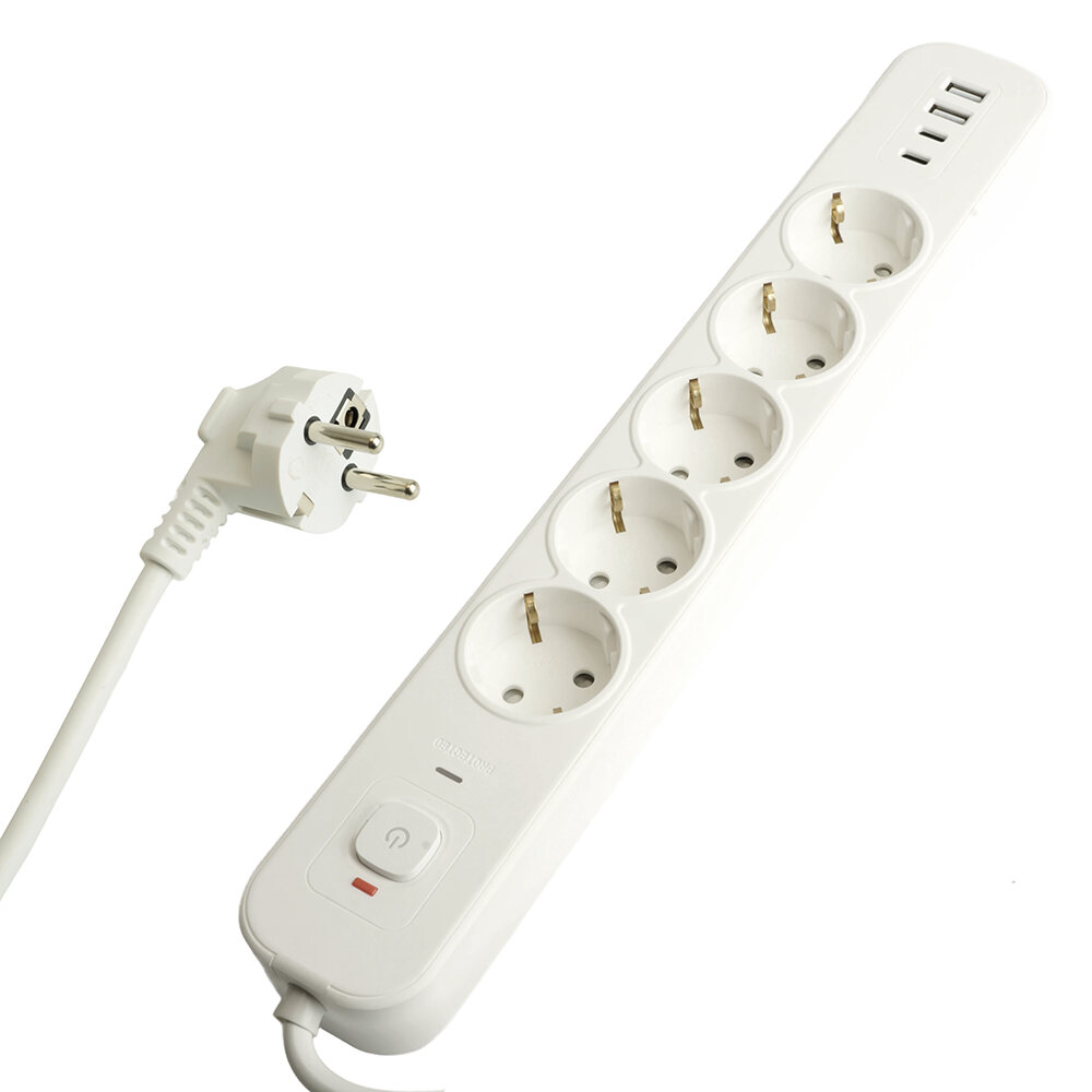 Сетевой фильтр 5-местный с/з 3x1мм2, 3 м, 250В, 16А, 2 USB-A+2 Type-C 3, серия Nova, белый Stekker 50103