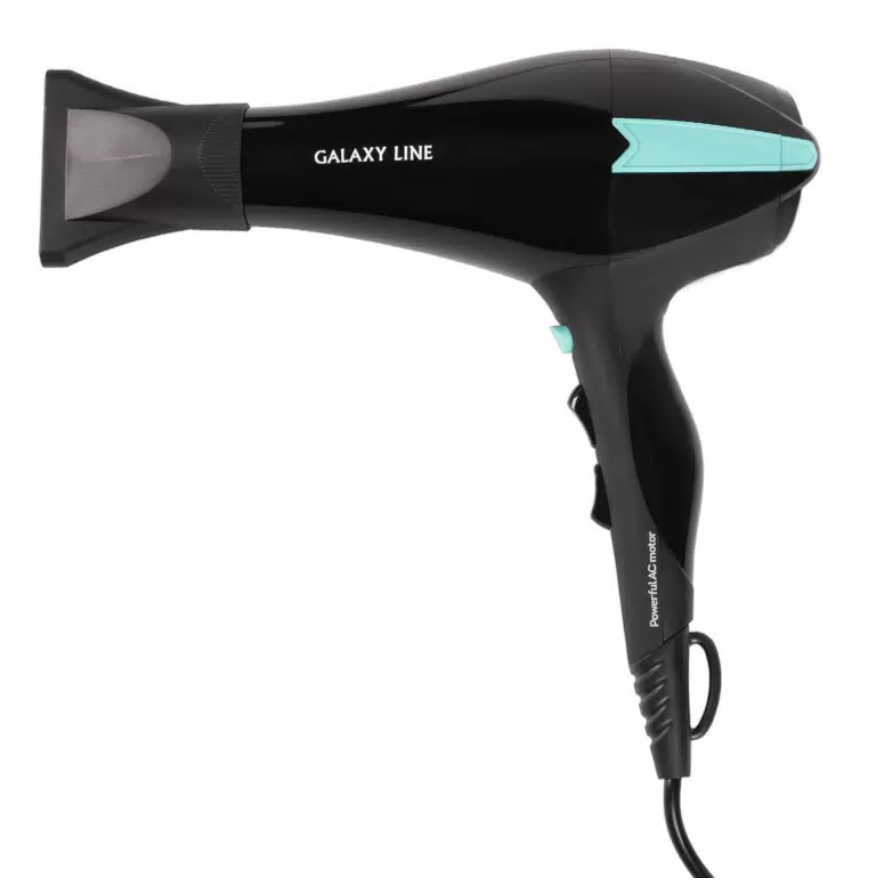 Фен Galaxy LINE GL 4339 черный с бирюзовым, 2200 Вт,2 скорости,3 темп. режима,«холодный воздух», АС-м
