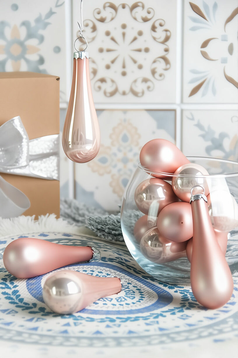 Набор ёлочных украшений элегантные капли, стекло, розовый бархат, матовые и глянцевые, 7.5 см, 12 шт, Winter Deco 1001402