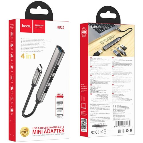 Type-C HUB Hoco HB26 4 порта 3xUSB 20 1xUSB 30 серый 61000₽