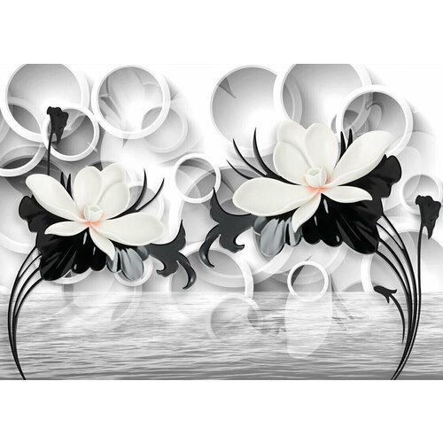 Моющиеся виниловые фотообои Цветы у воды черно-белое 3D, 420х300 см