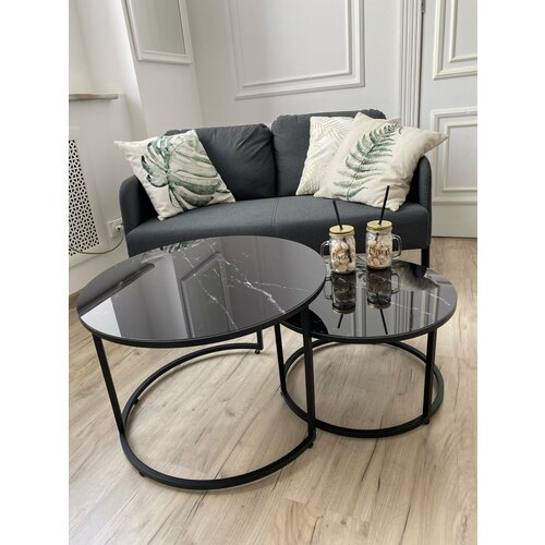 Круглый журнальный Стеклянный столик из 2 позиций, черный мрамор