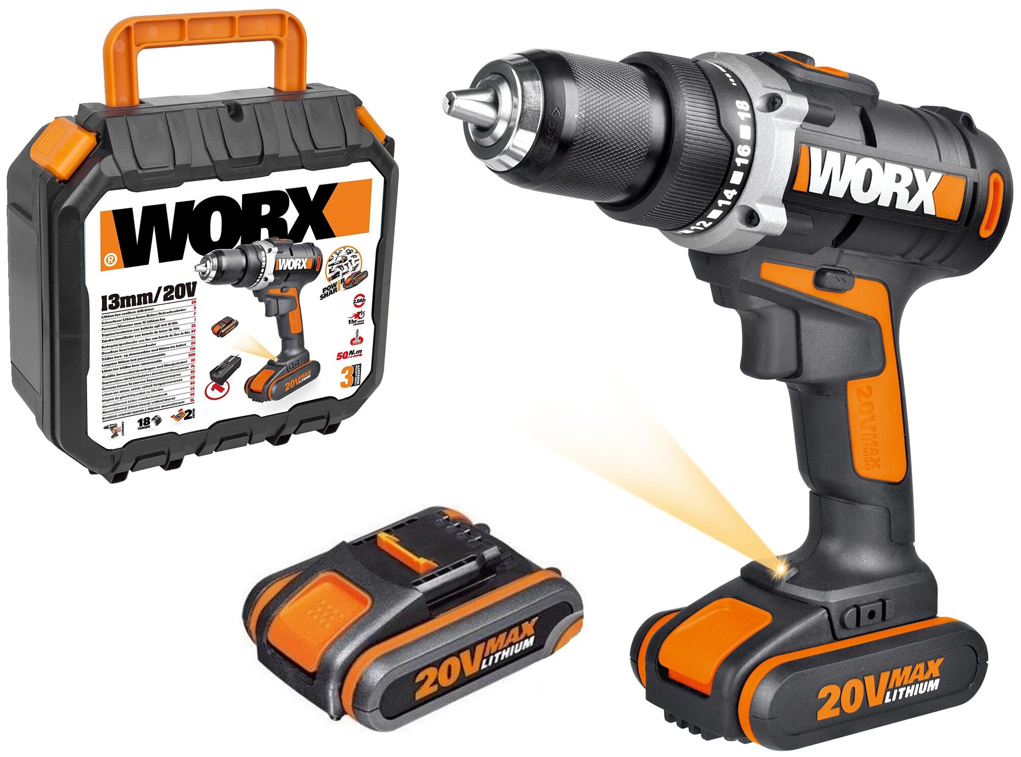 Дрель-шуруповерт аккумуляторная WORX WX183.1 20В с АКБ 2,0 А.ч (2 шт.) и ЗУ в кейсе