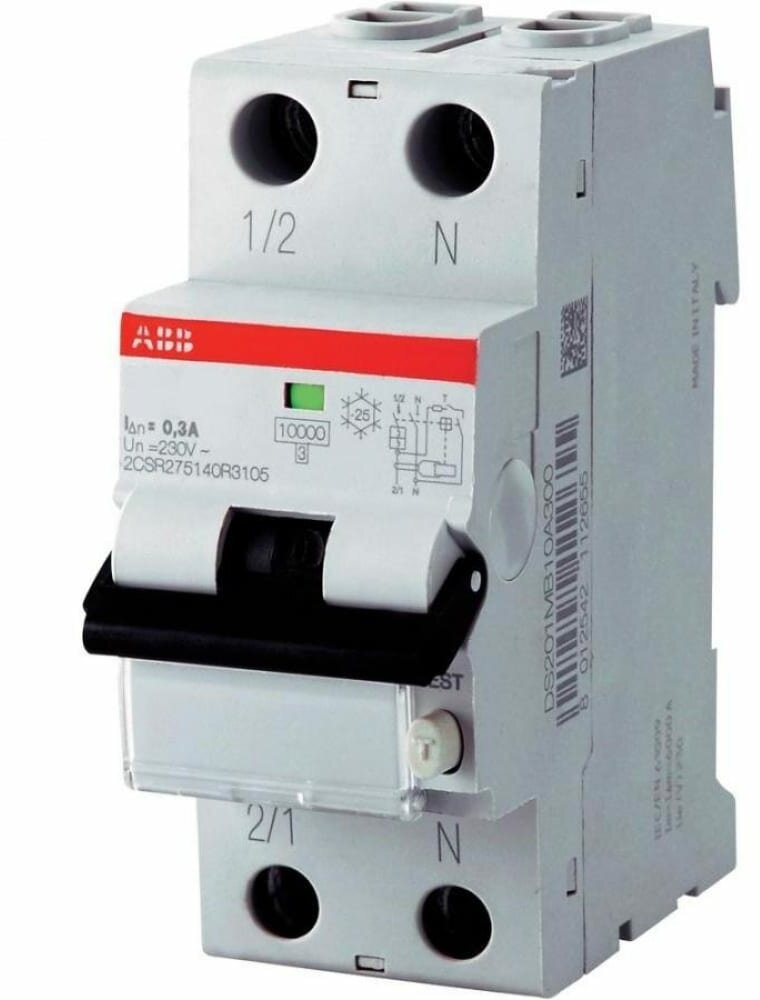 Автоматический выключатель дифференциального тока (АВДТ) ABB DS201 new 25A 30mA тип A кривая отключения C 2 полюса 6kA электро-механического ти
