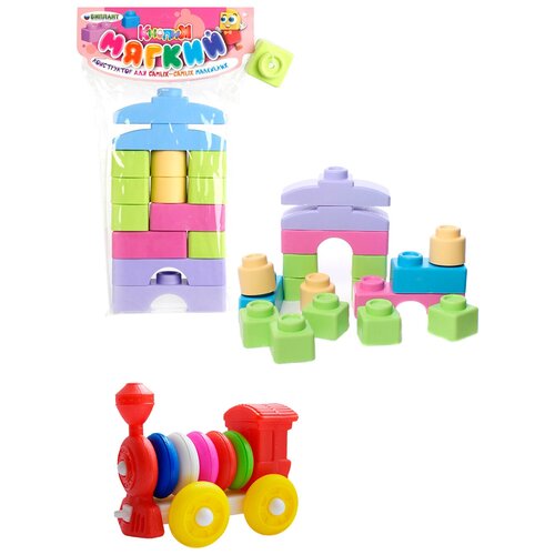 фото Набор развивающий: мягкий конструктор для малышей "кнопик" 14 дет. пастель + конструктор-каталка "паровозик",биплант