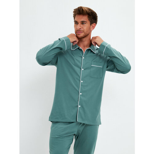 Пижама Ihomewear, рубашка, брюки, застежка пуговицы, трикотажная, пояс на резинке, карманы, размер L(170-176), зеленый