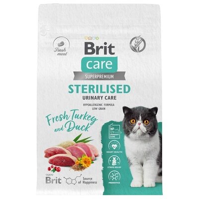 Brit Care сухой корм с индейкой и уткой для стерилизованных кошек, профилактика МКБ