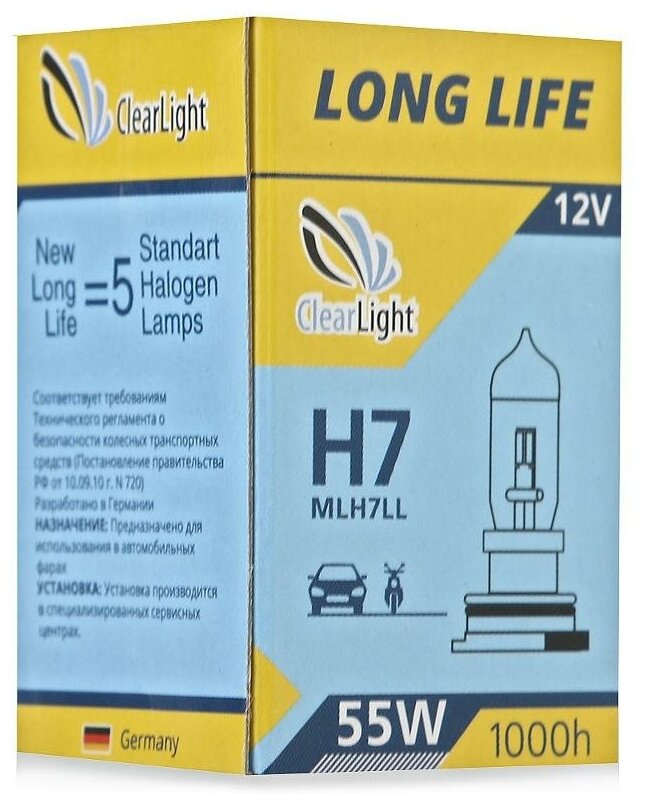 Лампа автомобильная галогенная ClearLight Long Life MLH7LL H7 12V 55W PX26d