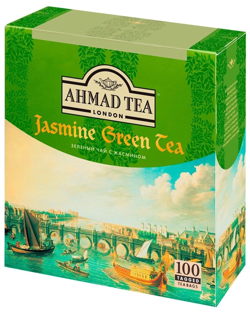 Чай AHMAD (Ахмад) "Jasmine Green Tea", зелёный с жасмином, 100 пакетиков по 2 г, 475i-08 - фотография № 2