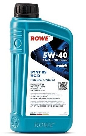 Синтетическое моторное масло ROWE Hightec Synt RS SAE 5W-40 HC-D, 1 л, 1 л1 шт