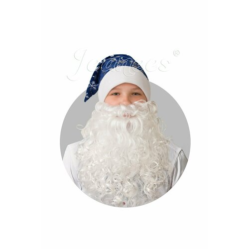 колпак новогодний синий с бородой сатин со снежинками 103 4 Синий колпак со снежинками и бородой