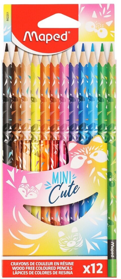 фото Карандаши цветные Maped MINI CUTE 3хгр, заточ, пл, декор,12цв/наб, карт 862201