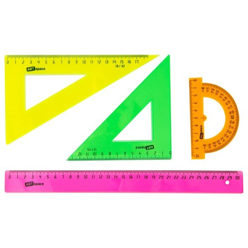 ArtSpace Набор чертежный флуоресцентный 4 предмета (256254), розовый/зеленый/оранжевый/желтый линейка треугольник для кроя блока летящие гуси от 1 до 5