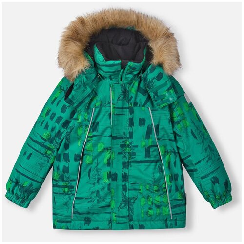 фото Куртка reima, демисезон/зима, ветрозащита, водонепроницаемость, манжеты, капюшон, карманы, отделка мехом, подкладка, съемный капюшон, размер 116, зеленый