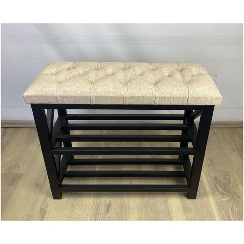 Обувница банкетка Лофт каркас металл с полками для обуви в прихожую с мягким сиденьем в каретной стяжке. Бежевый