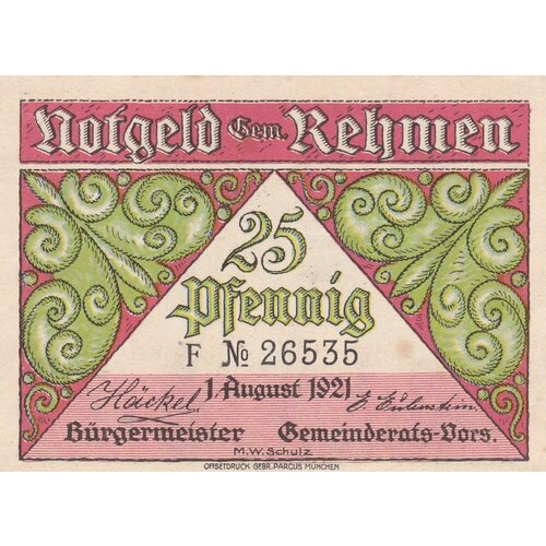 Германия (Веймарская Республика) Ремен 25 пфеннигов 1921 г. (F)