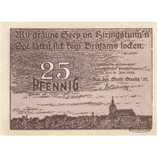 Германия (Веймарская Республика) Штрелиц 25 пфеннигов 1922 г. (3) германия веймарская республика плау ин мекленбург 25 пфеннигов 1922 г 3