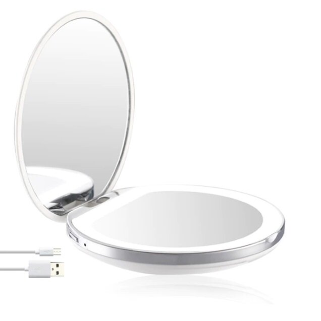 Зеркало с LED подсветкой для макияжа карманное с увеличением, зеркальце косметическое, складное, аккумуляторное, перезаряжаемое, подарочное
