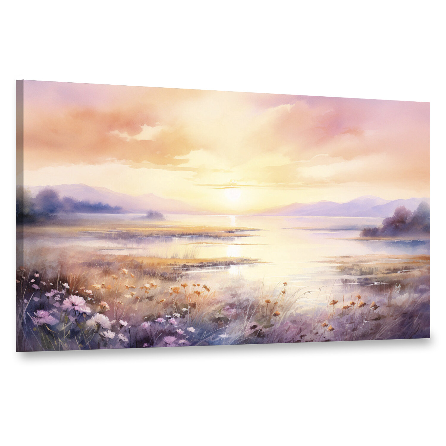 Интерьерная картина 100х60 "Рассвет озеро цветы"