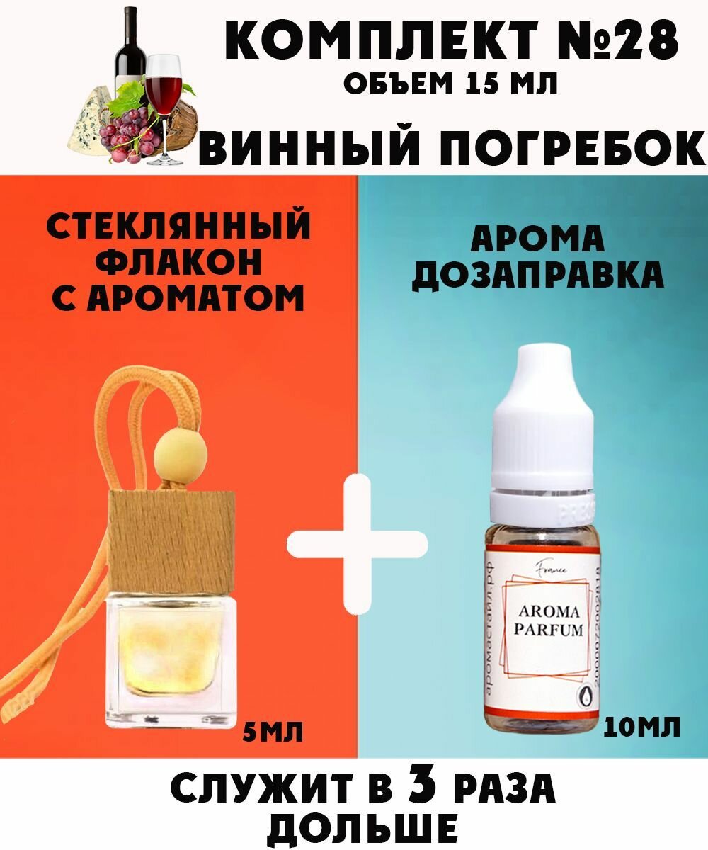 Ароматизатор автомобильный стеклянный флакон с деревянной крышкой + заправка №28 Винный погребок