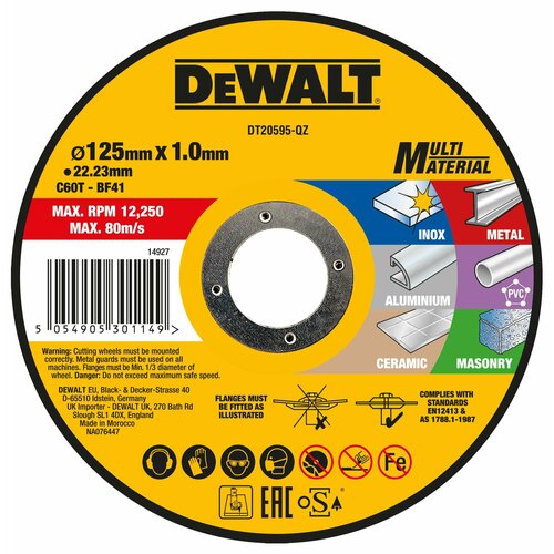 Отрезной диск DEWALT, по мультиматериалу, 125x1 мм, DT20595