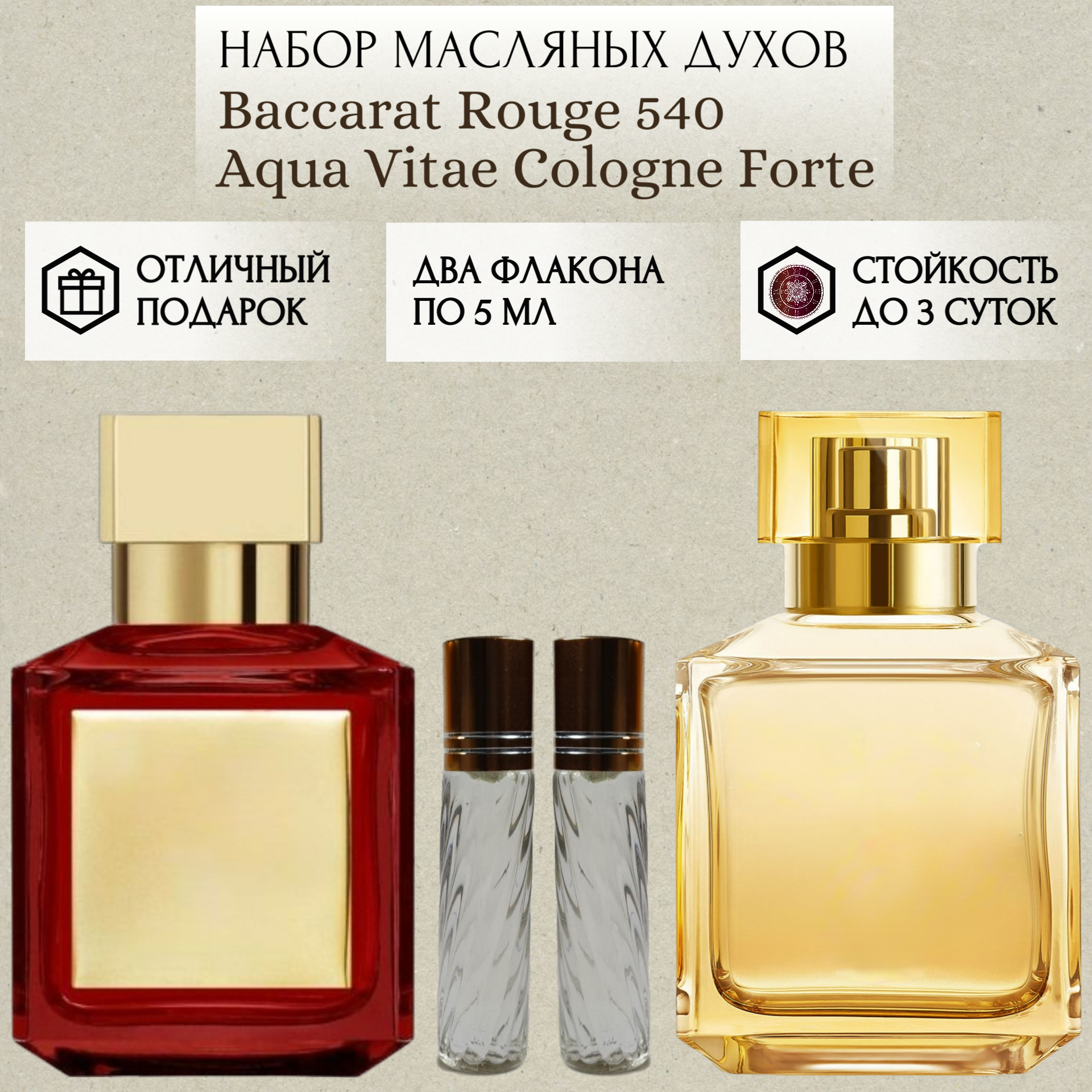 Духи масляные Baccarat Rouge 540; Aqua Vitae Cologne Fort; ParfumSoul; Баккара 540; Аква Вита Колонь Форте роликовый флакон 5 мл; 2 шт